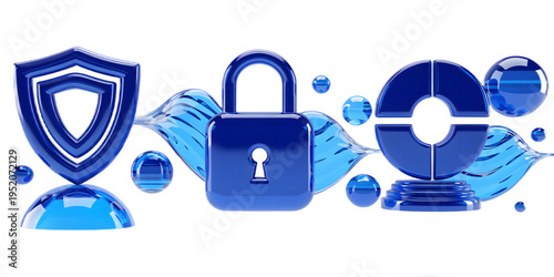 3D cybersecurity protection icons with shield, lock, firewall and secure network symbols. High-quality technology icons isolated on transparent background for security apps and IT platforms.