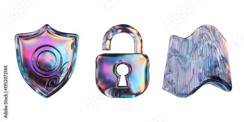 3D cybersecurity protection icons with shield, lock, firewall and secure network symbols. High-quality technology icons isolated on transparent background for security apps and IT platforms.