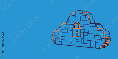 Cloud storage with a padlock shows data protection and security in a digital environment with a simple blue background