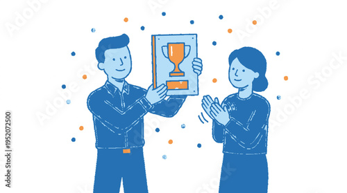 Business manager holding trophy award stands with applauding colleague in celebration vector illustration