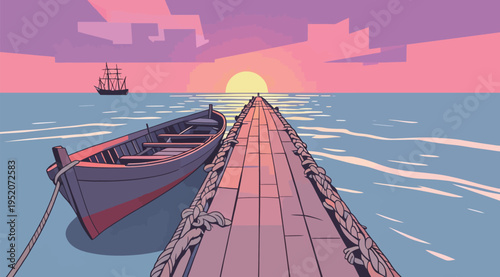 Sunset view from a wooden pier with a boat and distant ship in the water at dusk