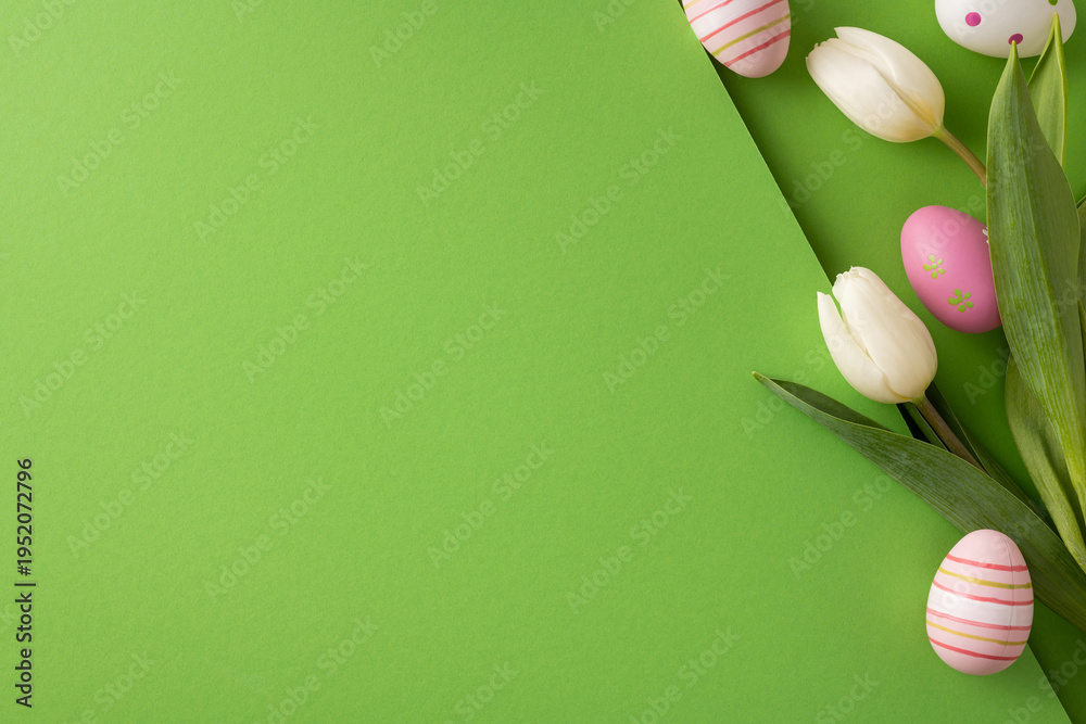 Fototapeta premium Colorful vertical decorated Easter eggs, white tulips and a small ceramic bunny arranged on a bright green background for spring celebration and seasonal greeting card layouts