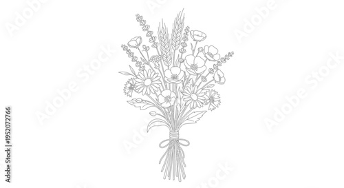 Bouquet of flowers tied with ribbon.