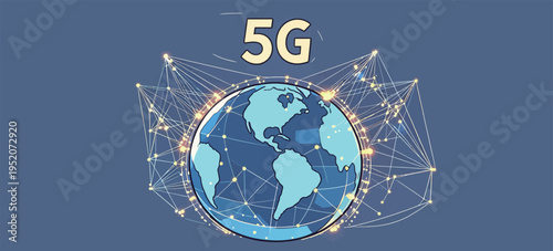 Global network of 5G technology shown with a blue globe and connecting lines representing data flow and communication