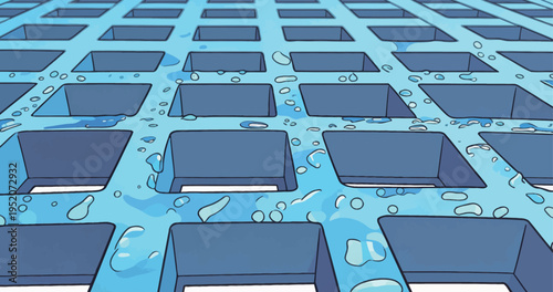 Water fills the gaps in a grid pattern during a sunny day near a pool area at a recreational center in mid-afternoon