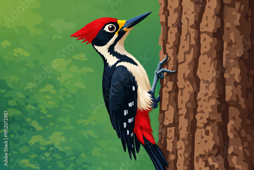 Red billed hornbill and colorful tropical birds illustration