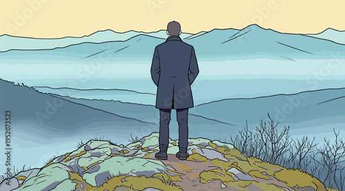 Person standing on rocky hill looking at mountains during early morning light in a rural area