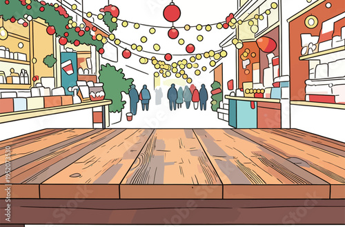 Market scene with people walking and decorations during a festive time in an outdoor setting