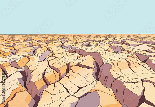 Dry cracked land in an arid landscape showing the effects of drought over a wide area