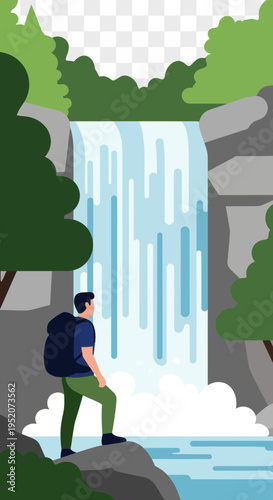Person with backpack observes a waterfall in a lush forest.