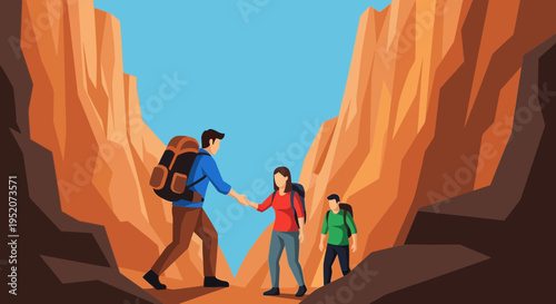 Family hiking through a rocky canyon with backpacks.