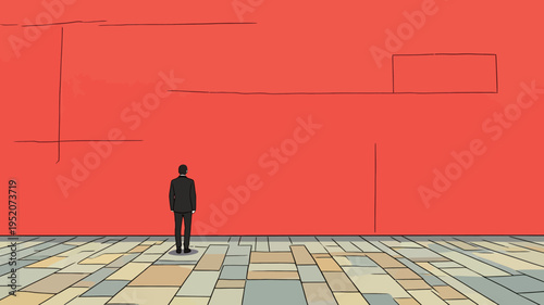 Man stands in front of a plain red wall in a large indoor space with tiled flooring during daylight hours