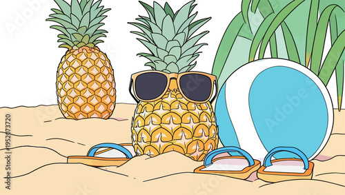 Pineapples wearing sunglasses on the beach with a ball and sandals in the sand during summer