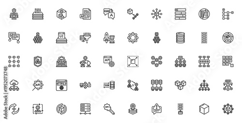 Microservices icon set. Vector illustration pack featuring architecture, deployment, modules, cloud data, security, scalability, database, and more. Editable stroke.