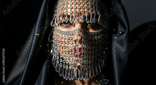 Close-up of a high-fashion crystal mesh face veil with dripping diamond-like beads covering the face of a model under dramatic cinematic lighting for jewelry and cosmetic advertising.