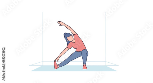 Woman performing dynamic side bend stretch for core flexibility and healthy lifestyle. An illustration depicting exercise with proper form and body balance