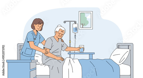 Nurse providing dedicated elderly care and medical assistance to a senior patient in a hospital, ensuring comfort and hydration during recovery
