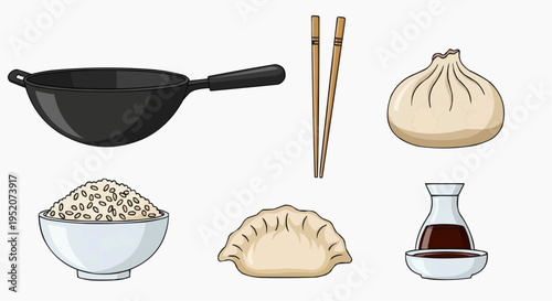 Asian food set featuring wok, dumplings, rice and chopsticks. It is isolated on a bright background.