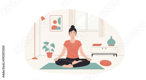 Woman meditating peacefully in a comfortable home environment, practicing yoga and mindfulness for relaxation and well-being