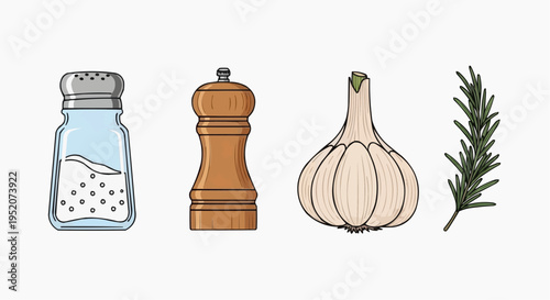 Still life of salt, pepper, garlic, and rosemary herbs, capturing the essence of culinary preparation