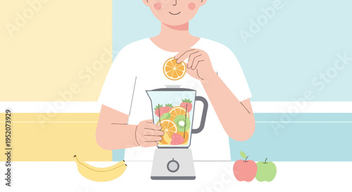 Making a healthy fruit smoothie Person adds orange to blender with fresh strawberries, apples, colorful ingredients, promoting nutritious drinks and well-being