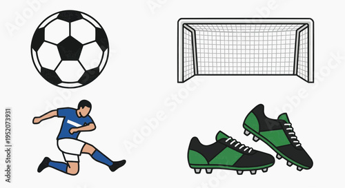 Soccer Ball, Goal, Player Kicking a Ball, and Shoes: Illustration Set