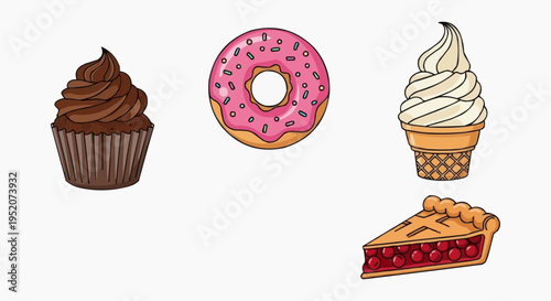 Delectable assortment of pastries, featuring a cupcake, a donut, ice cream cone, and pie slice