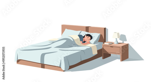 Vector illustration depicting a person enjoying a peaceful night's sleep in a cozy bedroom, capturing the essential concept of rest and relaxation