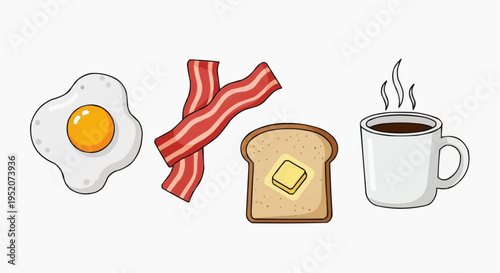A tempting breakfast of fried egg, bacon, toast with butter, and coffee, a classic way to start the day. 