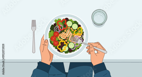 Overhead perspective of hands enjoying a vibrant, fresh salad with colorful vegetables and grilled chicken, emphasizing healthy eating habits and a balanced nutritious meal