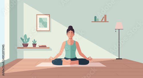 A serene woman practices mindfulness meditation at home, finding inner peace and promoting well-being in a calm and tranquil setting for spiritual balance