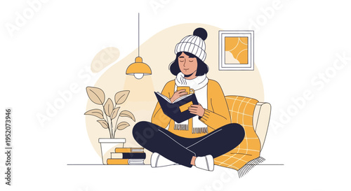 Cozy winter reading illustration, a young woman wrapped in a blanket, enjoying a book in a warm home atmosphere