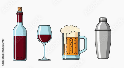 A variety of alcoholic beverages, including wine and beer, are arranged in an artistic composition. A wine bottle, glass of wine, beer mug, and cocktail shaker are displayed.