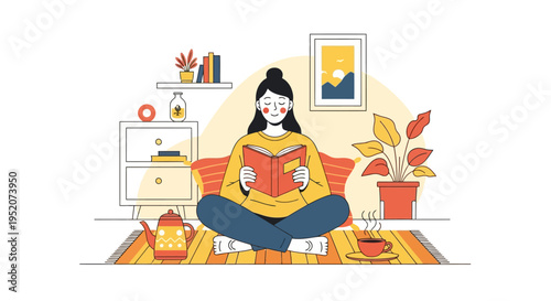 Woman Relaxing with a Book and Tea in a Cozy Room with Indoor Plants, Vector Illustration
