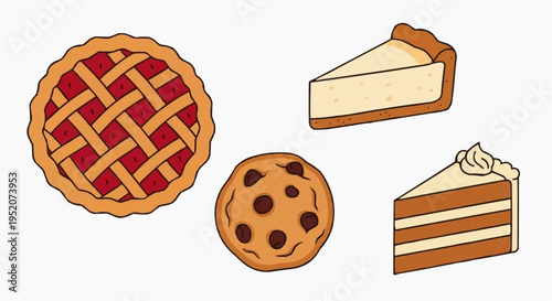 An array of delectable treats, including a pie, cheesecake, a slice of layered cake, and a chocolate chip cookie