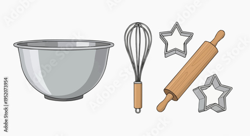  Baking essentials: bowl, whisk, rolling pin, and star-shaped cookie cutters, all set against a clean backdrop, perfect for culinary projects