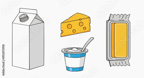 Dairy products with milk carton, cheese slice, yogurt cup and butter pack