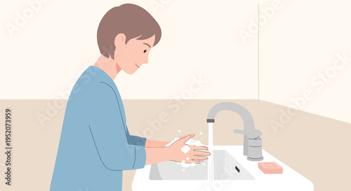 Young person washing hands with soap and water at a sink, hygiene and cleanliness
