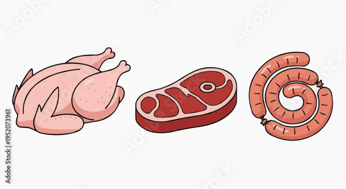 Raw meat assortment including chicken, steak and sausages. Illustration with the view from above