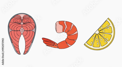Fresh seafood arranged, featuring a salmon steak, a shrimp, and a lemon wedge