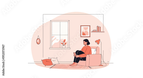A woman relaxing comfortably in a cozy armchair in a well-lit room with a window and a lamp, embodying a peaceful lifestyle scene