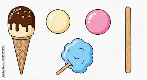 Variety of colorful treats including ice cream, lollipop, and cotton candy, offering a delightful and appealing assortment