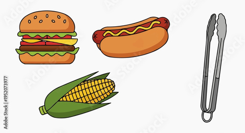 A close-up view of various food items, including a hamburger, hotdog, corn, and tongs, commonly associated with a BBQ