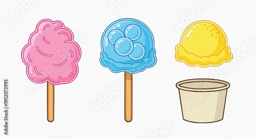 Set of colorful sweet treats, including a cotton candy on a stick, blue-flavored lollipop, yellow ice cream, and a paper cup