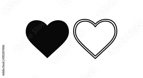 Black solid heart icon vector graphic contrasted with an outlined heart symbol design element