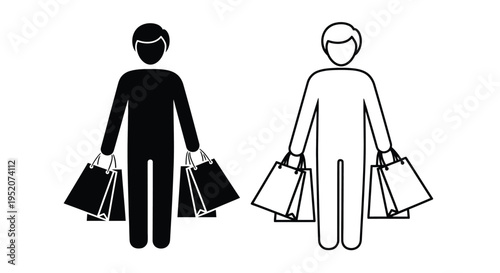 Simple vector graphic illustration showing two stylized figures representing customers holding multiple shopping bags