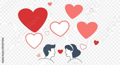 Couple looking at each other surrounded by floating hearts.