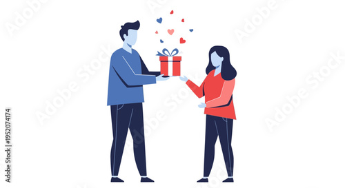 Man gives woman a gift with hearts floating above.
