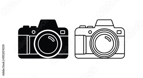 Professional graphic design displaying a sleek black digital camera icon alongside its transparent outline vector illustration, ideal for media applications.