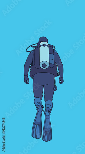 Diver explores the underwater world with scuba gear in bright blue water on a sunny day